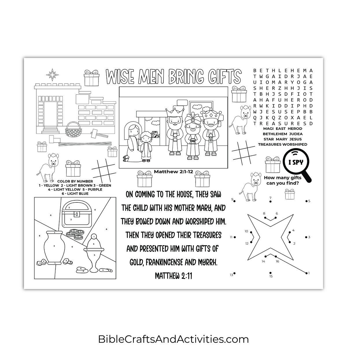 wise men bring gifts activity sheet - bible crafts shop